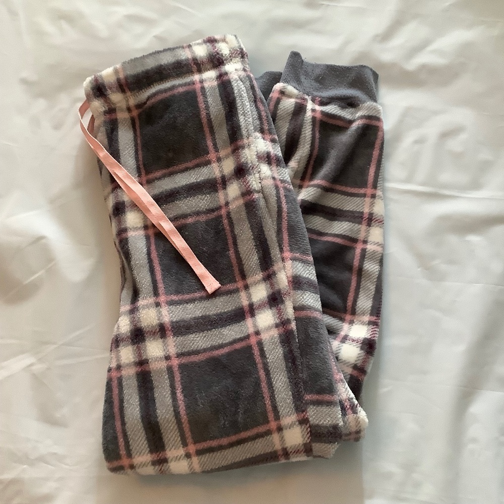 Pink and gray plaid fuzzy pajama pant